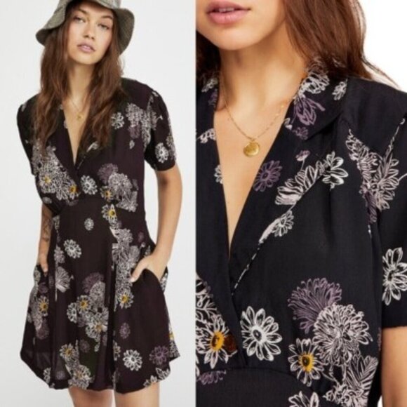 Free People‎ Hawaii Black Floral Mini Dress Size XS - Picture 3 of 12